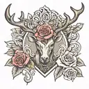 Tattoo with a heart, reindeer, trumpet, rose, scorpion and lady tattoo design idea