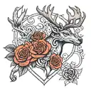 Tattoo with a heart, reindeer, trumpet, rose, scorpion and lady tattoo design idea