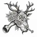human heart, reindeer, trumpet, rose, scorpion and lady tattoo design idea