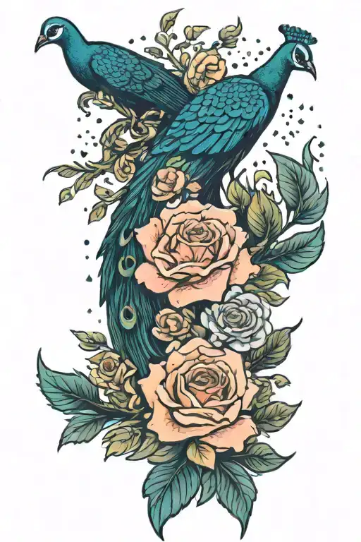 peacock intertwined with wild flowers and roses growing and stars forming tattoo design idea