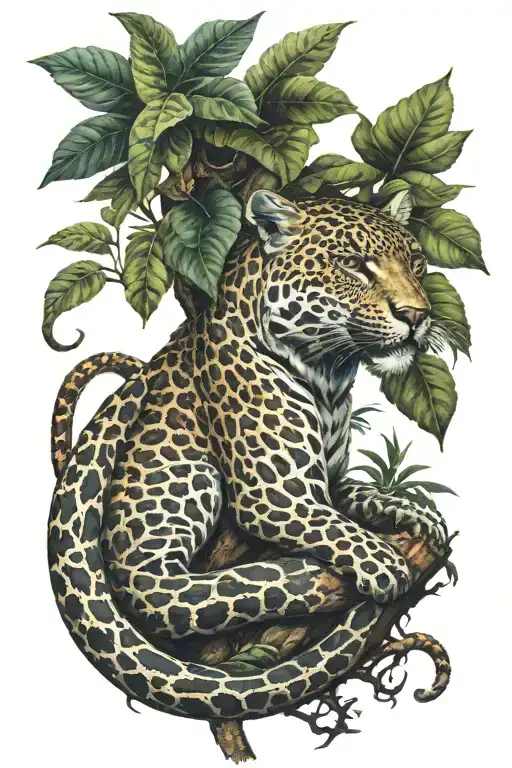 Leopard with HUGE snake head in a jungle tree   tattoo design idea