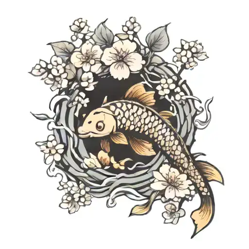 Japanese koi fish bonsai tree cherry blossom  tattoo design idea