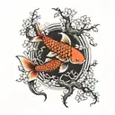 Japanese koi fish bonsai tree cherry blossom  tattoo design idea