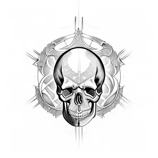 An intricately detailed skull with alchemical symbols etched into its bones tattoo design idea