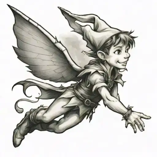 Peter Pan and Thinkerbell flying around Belgrade Pobednik tattoo design idea