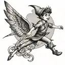 Peter Pan and Thinkerbell flying around Belgrade Pobednik tattoo design idea
