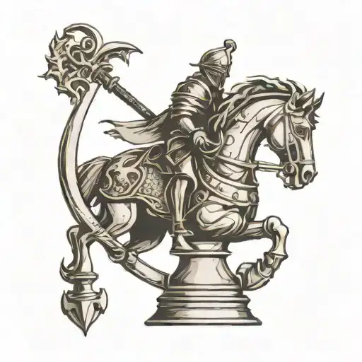 A knight chess piece with a scythe subtly incorporated into its design. This can represent the struggle and strategy of  tattoo design idea