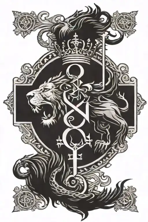 christian cross, scorpio on the left and a lion with a crown on the right tattoo design idea