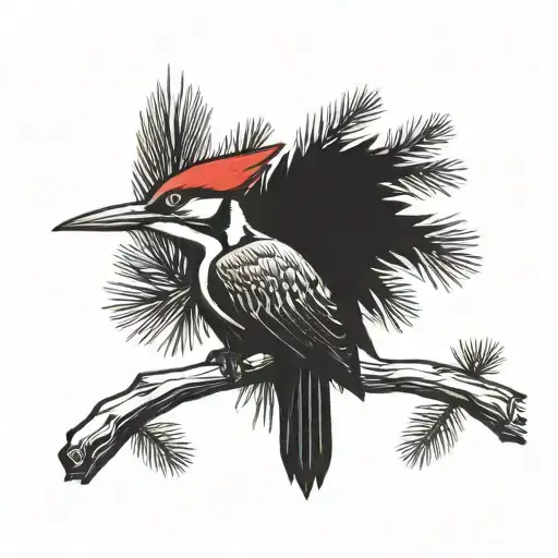 pileated woodpecker wearing a crown on pine branch tattoo design idea