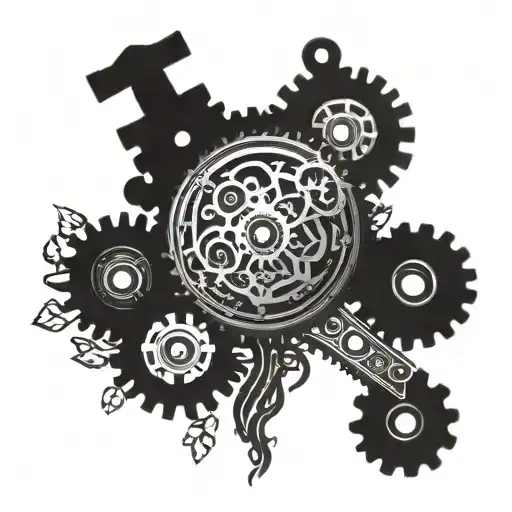 A family tree intertwined with gears and tools, symbolizing the strength and unity of family and the mechanical skills of a locksmith tattoo design idea
