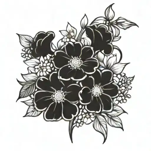 A powerful and intricate blackwork design incorporating elements of strength and powerlifting, such as weights and barbells, intertwined with daisies and lilies of the valley. tattoo design idea