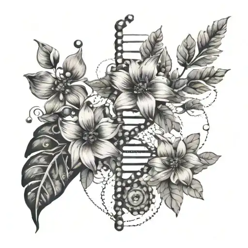 A floral design incorporating elements of science, like DNA strands or molecules, to represent the client's interest in flowers and science. tattoo design idea