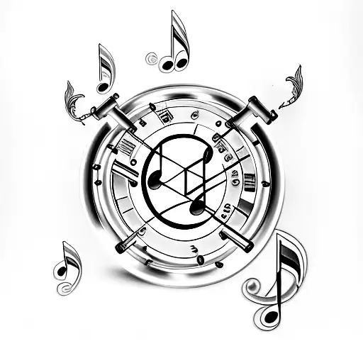 A minimalist tattoo of a weight plate with musical symbols engraved, symbolizing the client's dedication to music and bodybuilding tattoo design idea