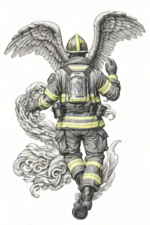 A realistic back tattoo of a firefighter with angel wings raising his arms to the sides of his body in a hug-to-the-worl tattoo design idea