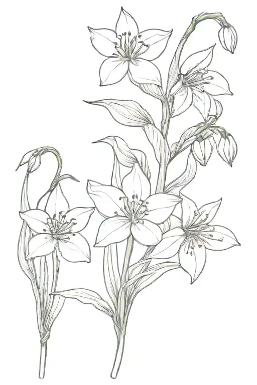 3 snow drops, 1 violet, 1 daisy, 1 lily of the valley, 1 honeysuckle, 2 asters, 2 narcissuses, delicate, with movement tattoo design idea