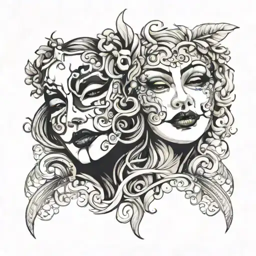 Female mask of tragedy and comedy of the theater with makeup tattoo design idea