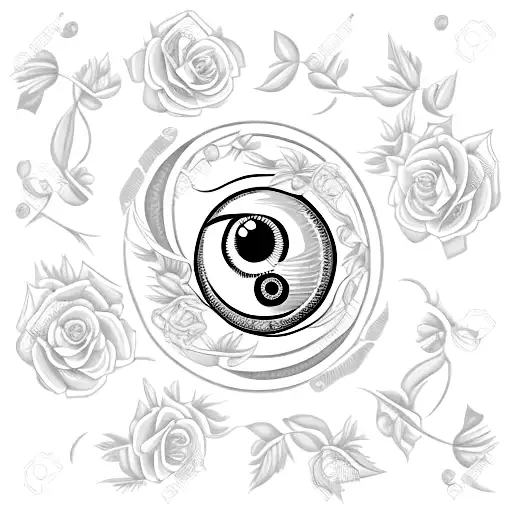 A checkered background with thorny vines and roses with an eyeball in one, a pocket watch in another, a crescent moon on tattoo design idea