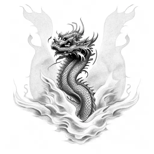 A dragon emerging from a black and grey cloud of smoke tattoo design idea