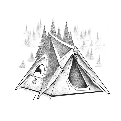 a small tent and campfire in the forest between two lakes all black and gray except for the fire is in color tattoo design idea