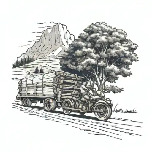 log truck on road beside mountain and sunflower field Indian motorcycle on same road with older man driving it  tattoo design idea
