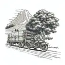 log truck on road beside mountain and sunflower field Indian motorcycle on same road with older man driving it  tattoo design idea