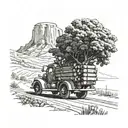 log truck on road beside mountain and sunflower field Indian motorcycle on same road with older man driving it  tattoo design idea