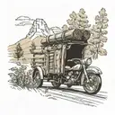 log truck on road beside mountain and sunflower field Indian motorcycle on same road with older man driving it  tattoo design idea