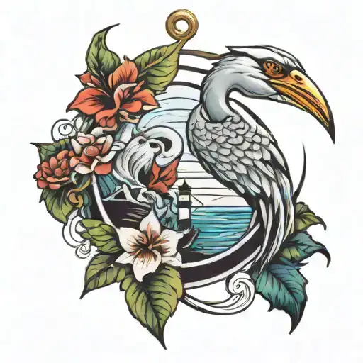 crane, paradise, anchor tattoo design idea