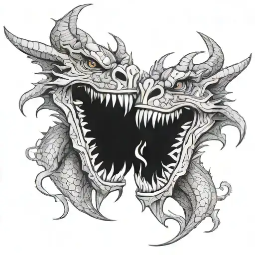 two mirrored dragon heads with open mouths tattoo design idea