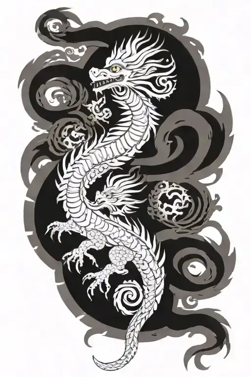 Full arm tattoo of two mythical beasts, the feathered serpent Quetzalcoatl and a Japanese dragon, taking inspiration fro tattoo design idea