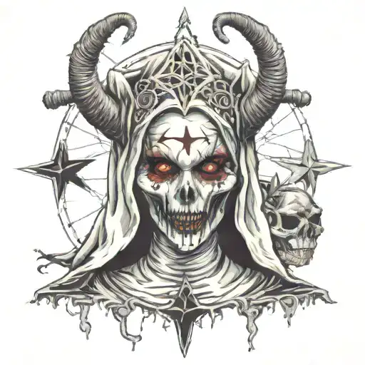demon zombie nun wearing upside down cross, with baphomet pentagram behind her head, bust up, skull makeup on her face tattoo design idea