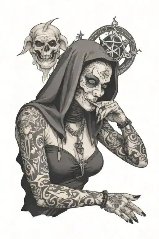 demon nun smoking a cigarette with satanic symbols above and below her tattoo design idea