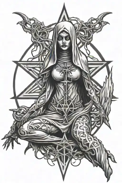 demon nun standing in a sexy pose with pentagrams surrounding her, and an upside down cross behind her tattoo design idea