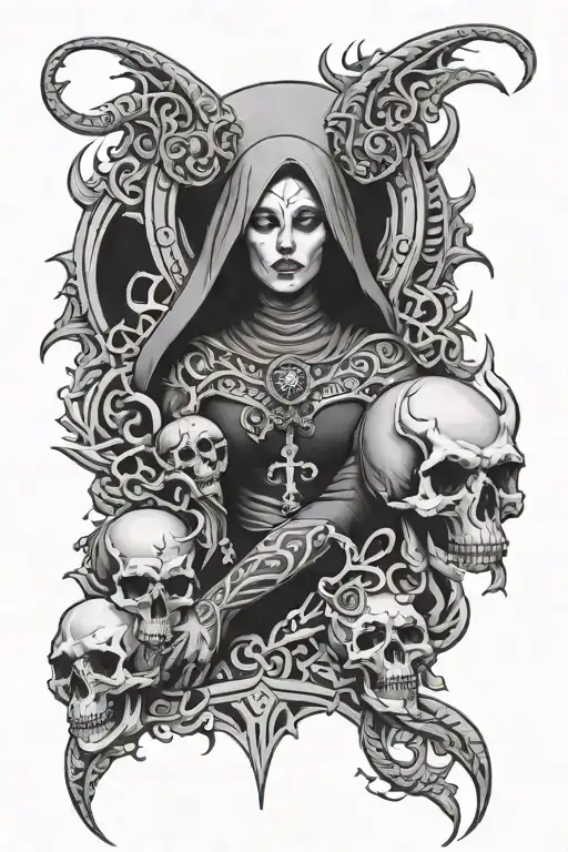 satanic sleeve with demon nun and tribal designs and skulls tattoo design idea