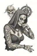 demon nun smoking a cigarette with satanic symbols above and below her tattoo design idea