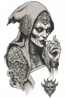 demon nun smoking a cigarette with satanic symbols above and below her tattoo design idea