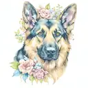 german shepherd dog surrounded by flowers  tattoo design idea