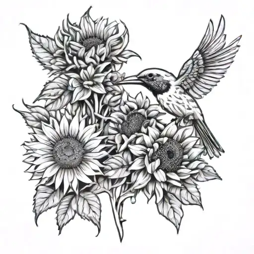 cardinal, hummingbird and sunflowers long greens stems tattoo design idea