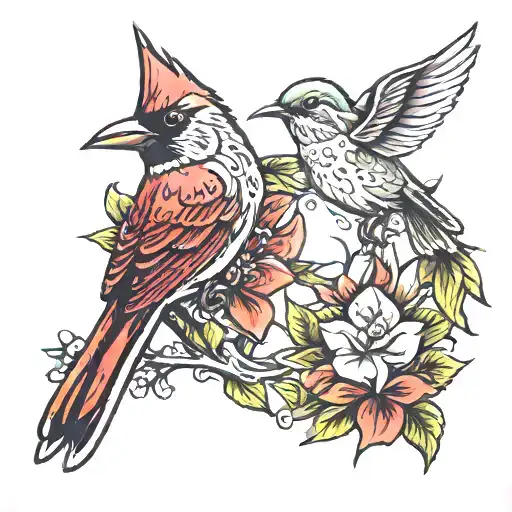 cardinal and hummingbird  perched  tattoo design idea