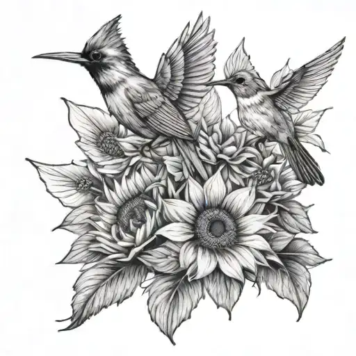 cardinal, hummingbird and sunflowers wrapped tattoo design idea