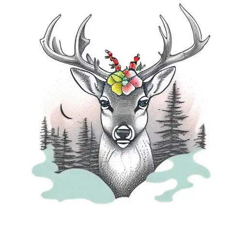 forest with a deer drinking in the river tattoo design idea