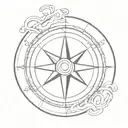 Craft a sea compass with waves in a minimalist style, emphasizing the simplicity and elegance of marine engineering tattoo design idea