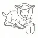 a lamb lying with a chalice, bread and the christian fish symbol. Minimalist, pretty simple. tattoo design idea