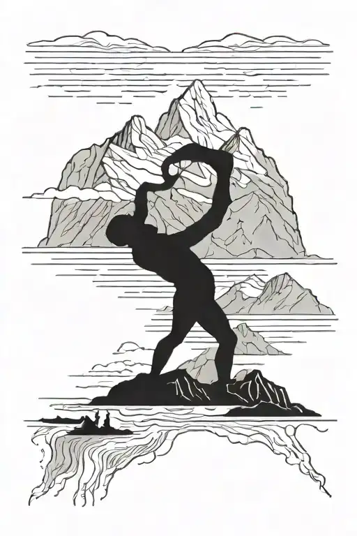 A fjord landscape with a silhouette of a person working out in the foreground tattoo design idea