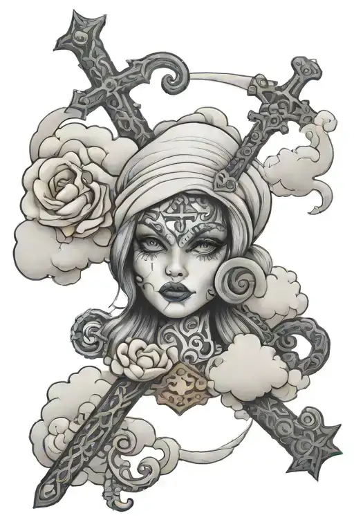 sleeve tatto that says deborah with clouds and a cross and a eye tattoo design idea