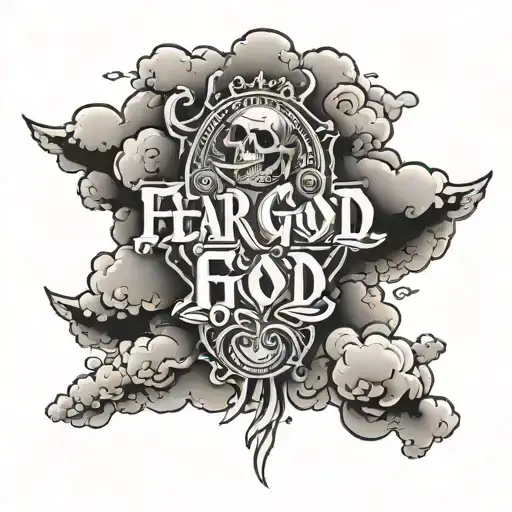 sleeve tatto that says fear god with clouds around it tattoo design idea