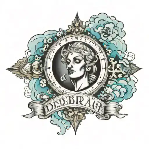 sleeve tatto that says deborah with clouds and a cross and a eye tattoo design idea