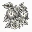 two roses and a clock in the middle that has the year 2021 in Roman numerals tattoo design idea