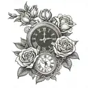 two roses and a clock in the middle that has the year 2021 in Roman numerals tattoo design idea