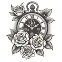 two roses and a clock in the middle that has the year 2021 in Roman numerals tattoo design idea